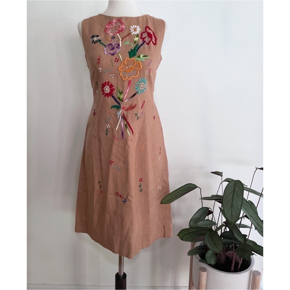 Vintage 60’s 70’s Hand Stitch Embroidery Floral Colorful Garden Sheath Tan Dress - Picture 2 of 15